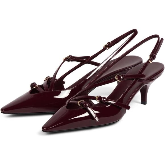 🆕sling back Kitten Heels Burgundy Pointed Toe Stiletto Sandal with Buckle Strap - Picture 1 of 7